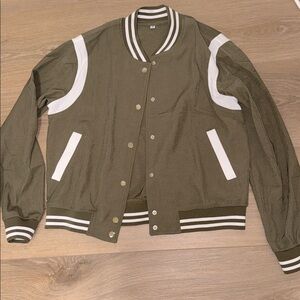 Olive Green Varsity Jacket with White Accents